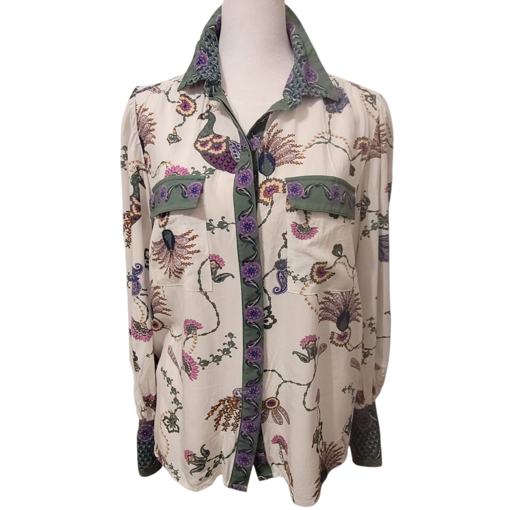 LOFT Cream and‎ Green Floral Button-Down Shirt